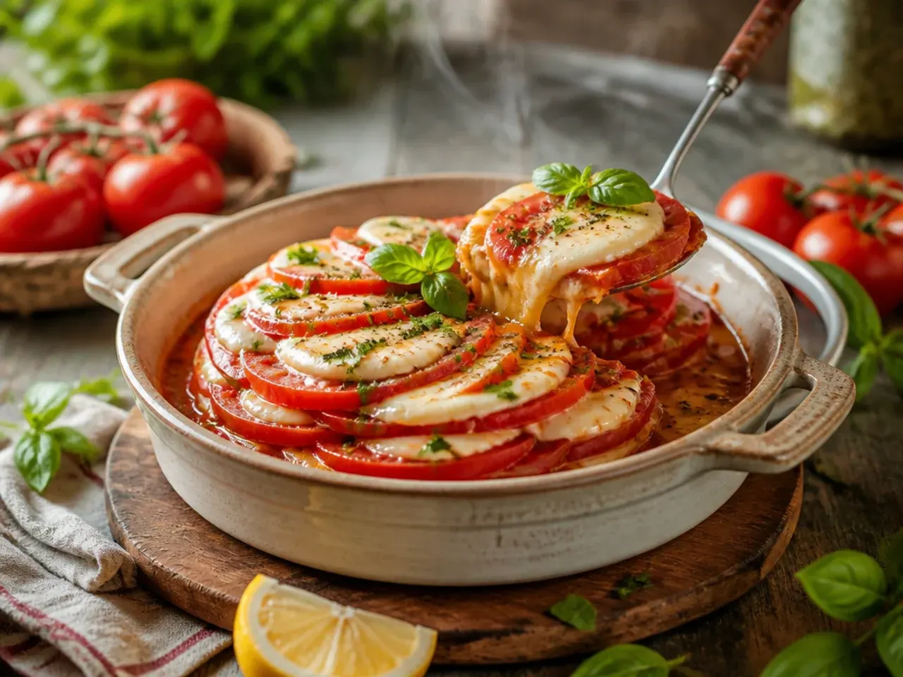 Stacked layers of tomato, mozzarella and basil drizzled with balsamic glaze.