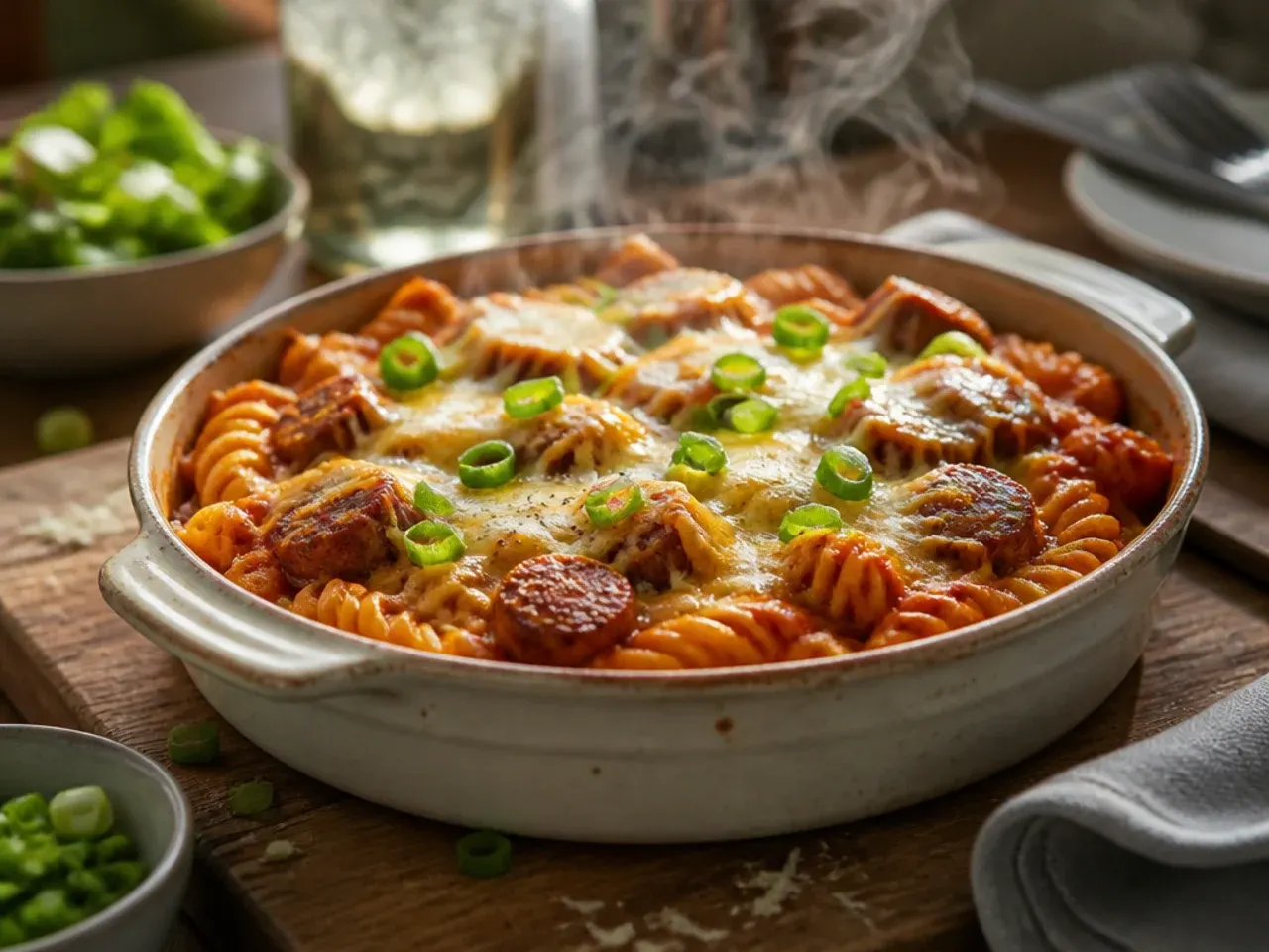 Baking dish of tomato and sausage pasta bake with melted mozzarella on top.
