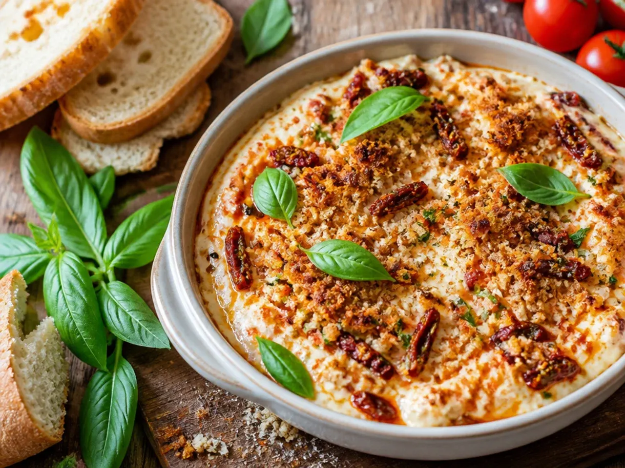 Bowl of sun-dried tomato and cream cheese dip surrounded by crackers and vegetable sticks.