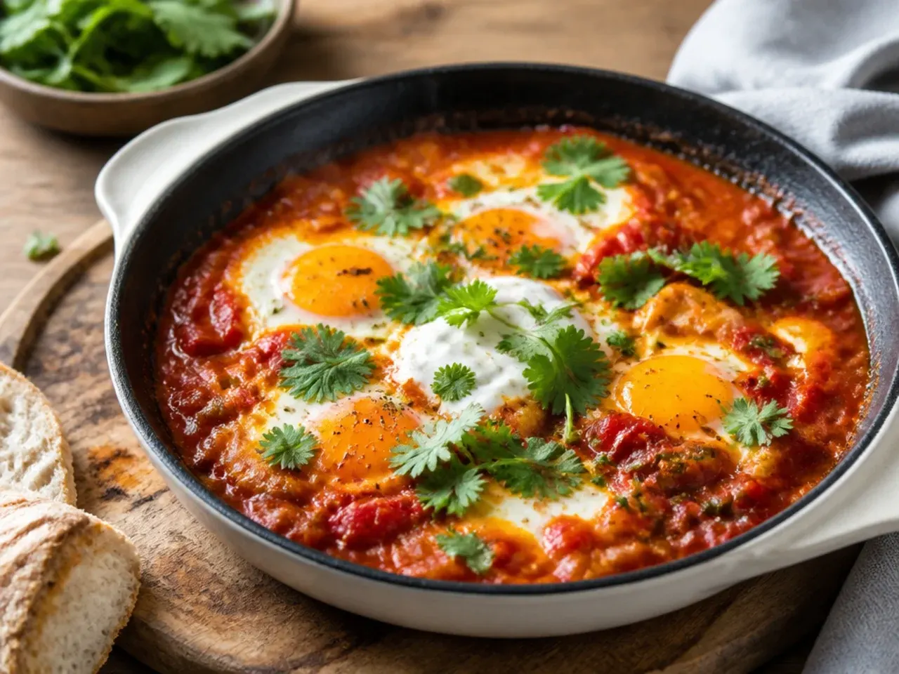 Pan of shakshuka with eggs poached in a spiced tomato sauce.