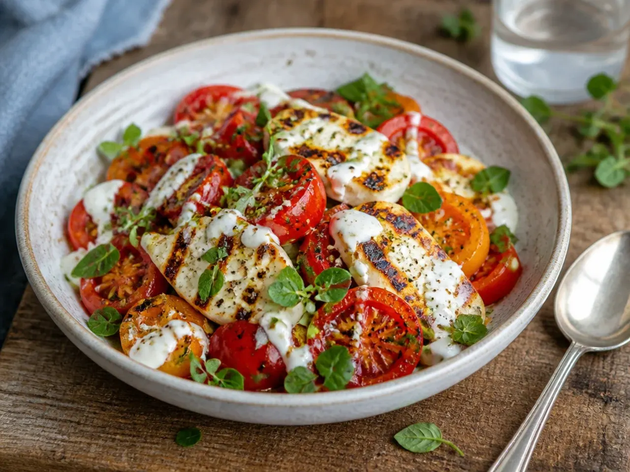 Griddled halloumi and tomato slices with char marks on a serving plate.