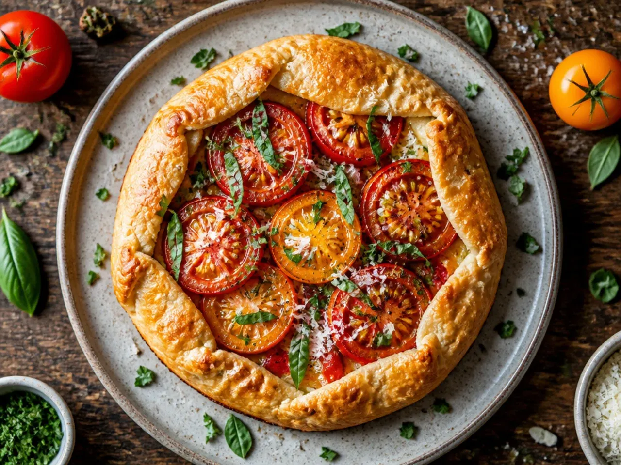 Golden rustic tomato galette with visible tomato slices and folded pastry edge.