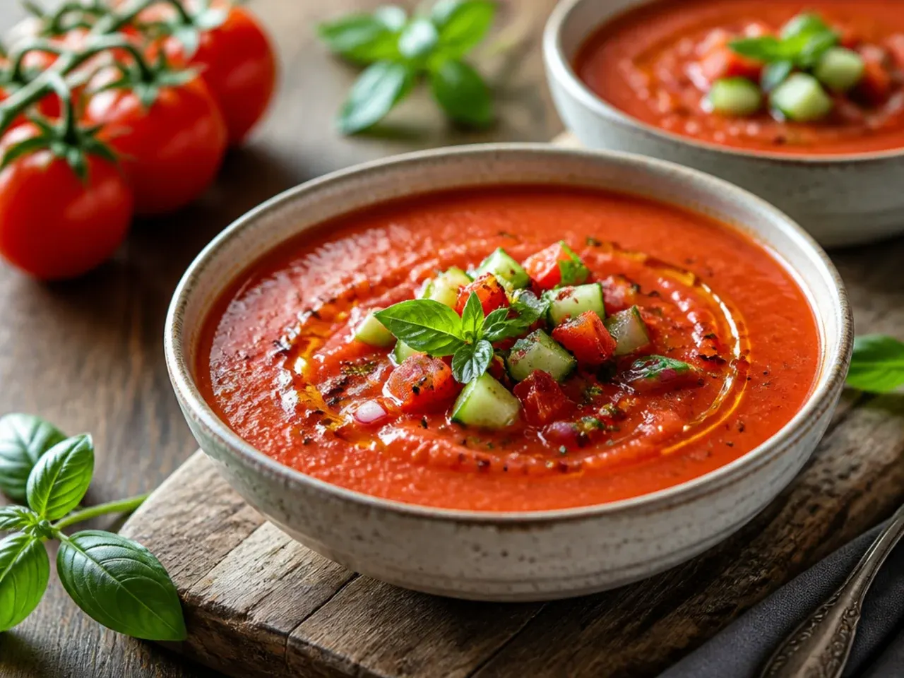 Chilled bowl of smooth red gazpacho garnished with diced vegetables and a swirl of olive oil.