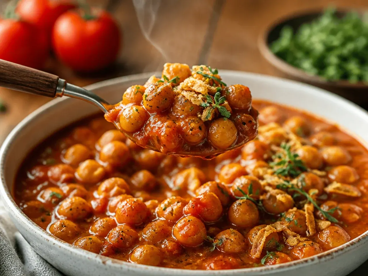 Pot of tomato and chickpea curry with visible spices and coriander garnish.