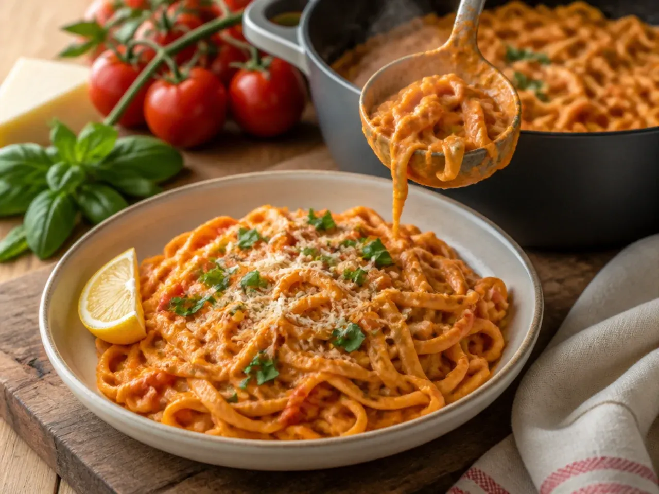 Bowl of penne pasta coated in a creamy pink tomato and vodka sauce.