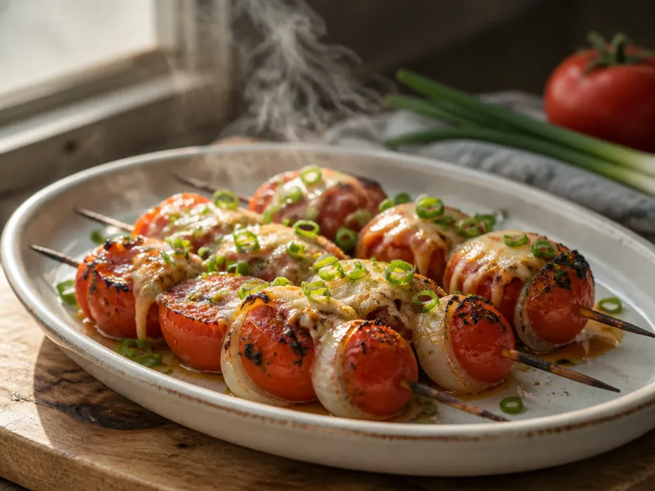 Skewers of grilled cherry tomatoes and red onion on a barbecue grill.