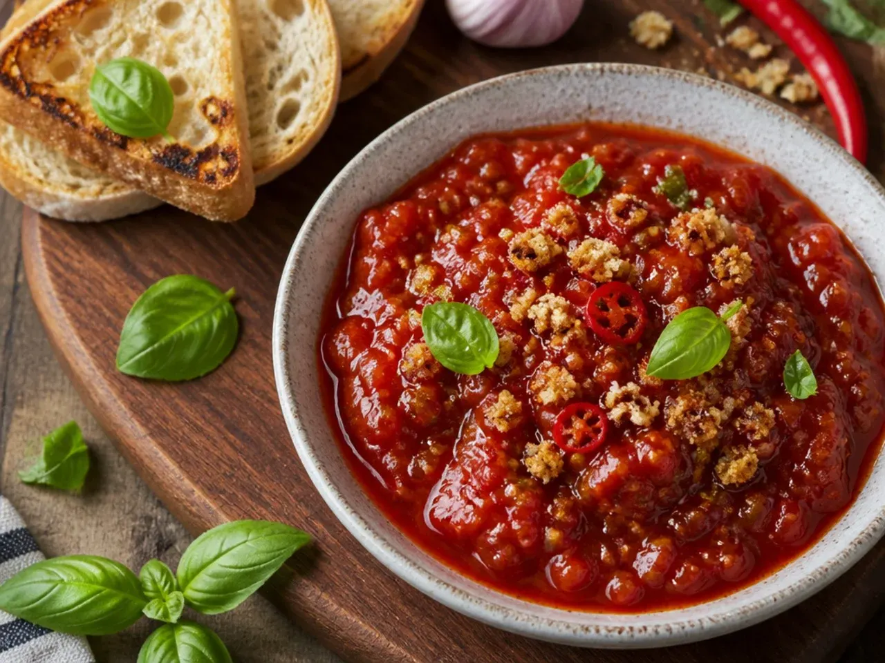 Jar of glossy red tomato and chilli jam with a spoon resting on top.