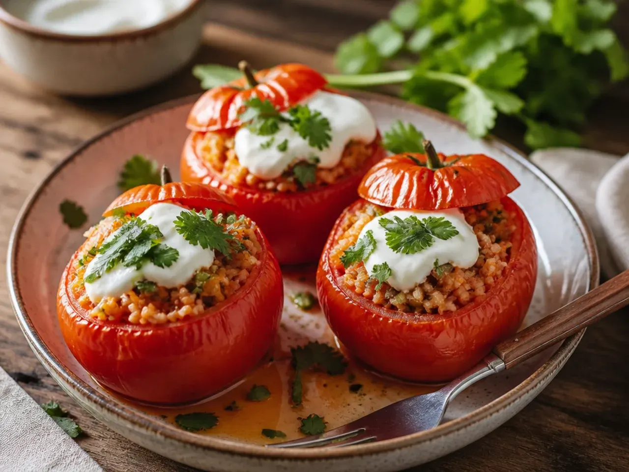 Baked stuffed tomatoes filled with herbed rice on a serving tray.