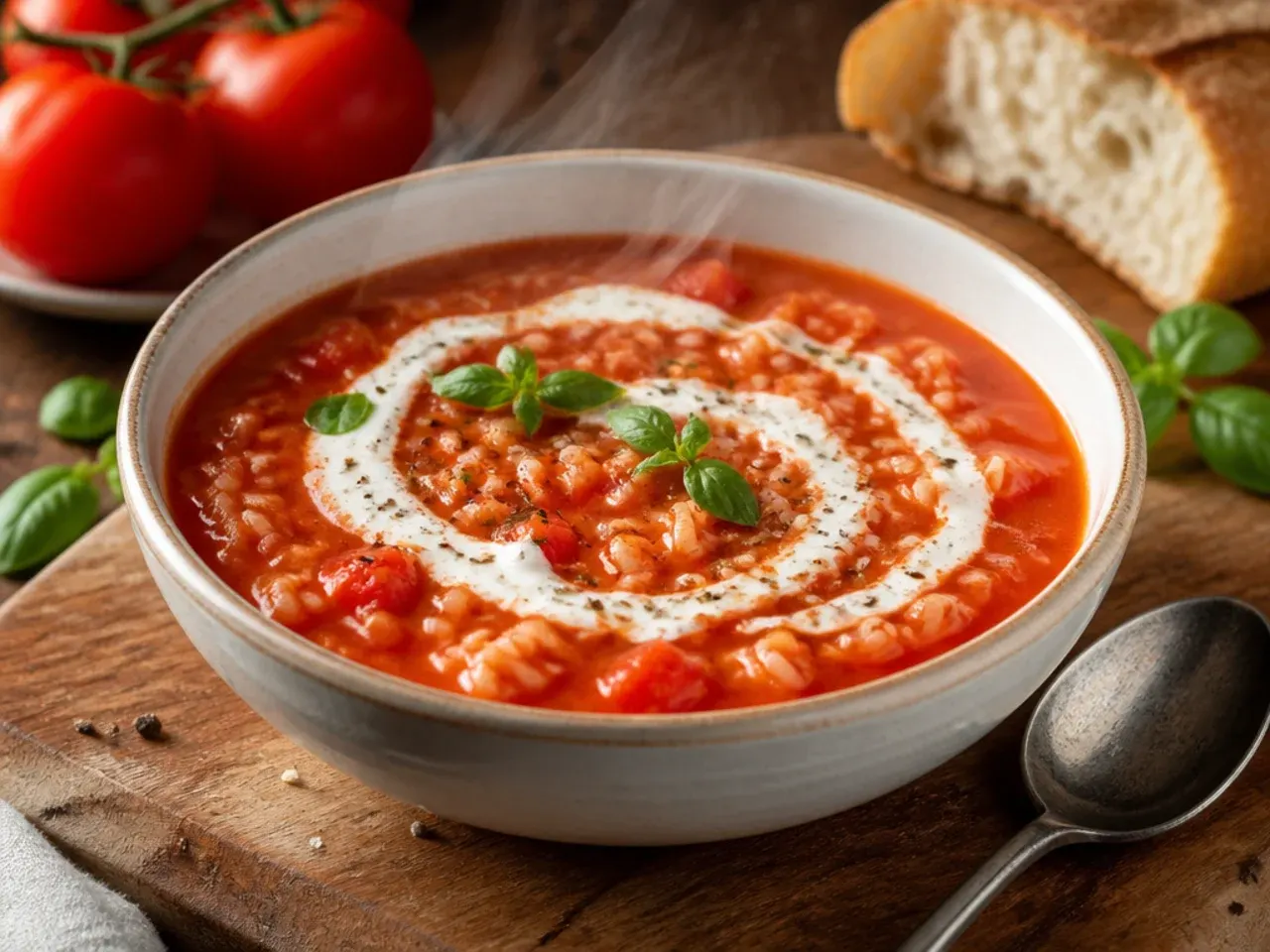 Bowl of tomato and rice soup garnished with fresh herbs.