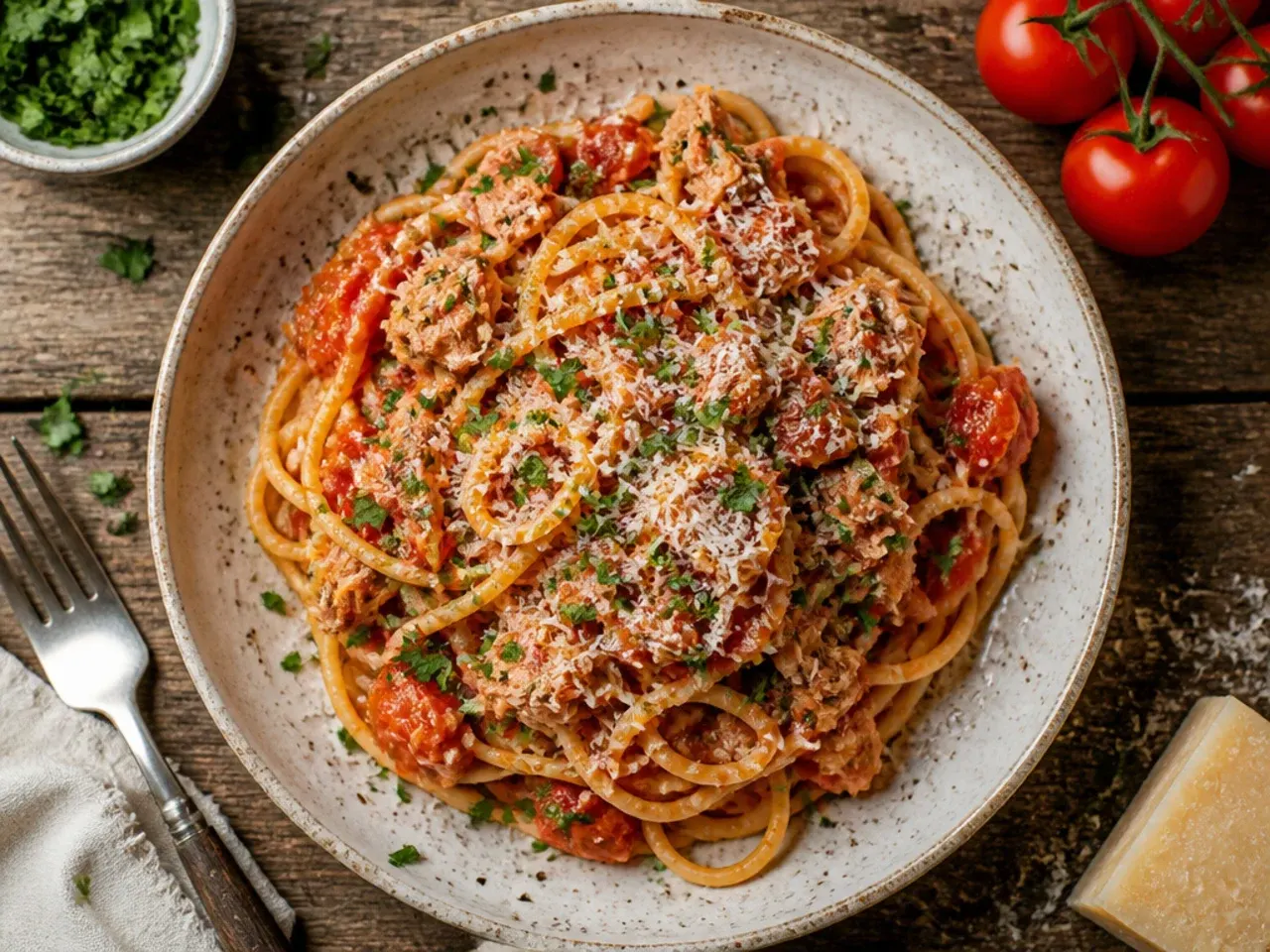 Bowl of pasta tossed with tomato sauce and flaked tuna.