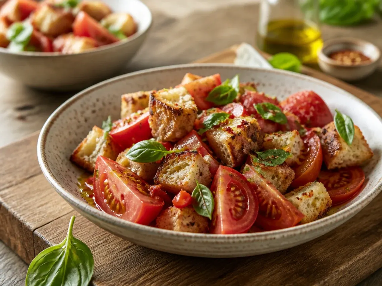 Bowl of panzanella salad with torn bread, tomatoes and red onion.