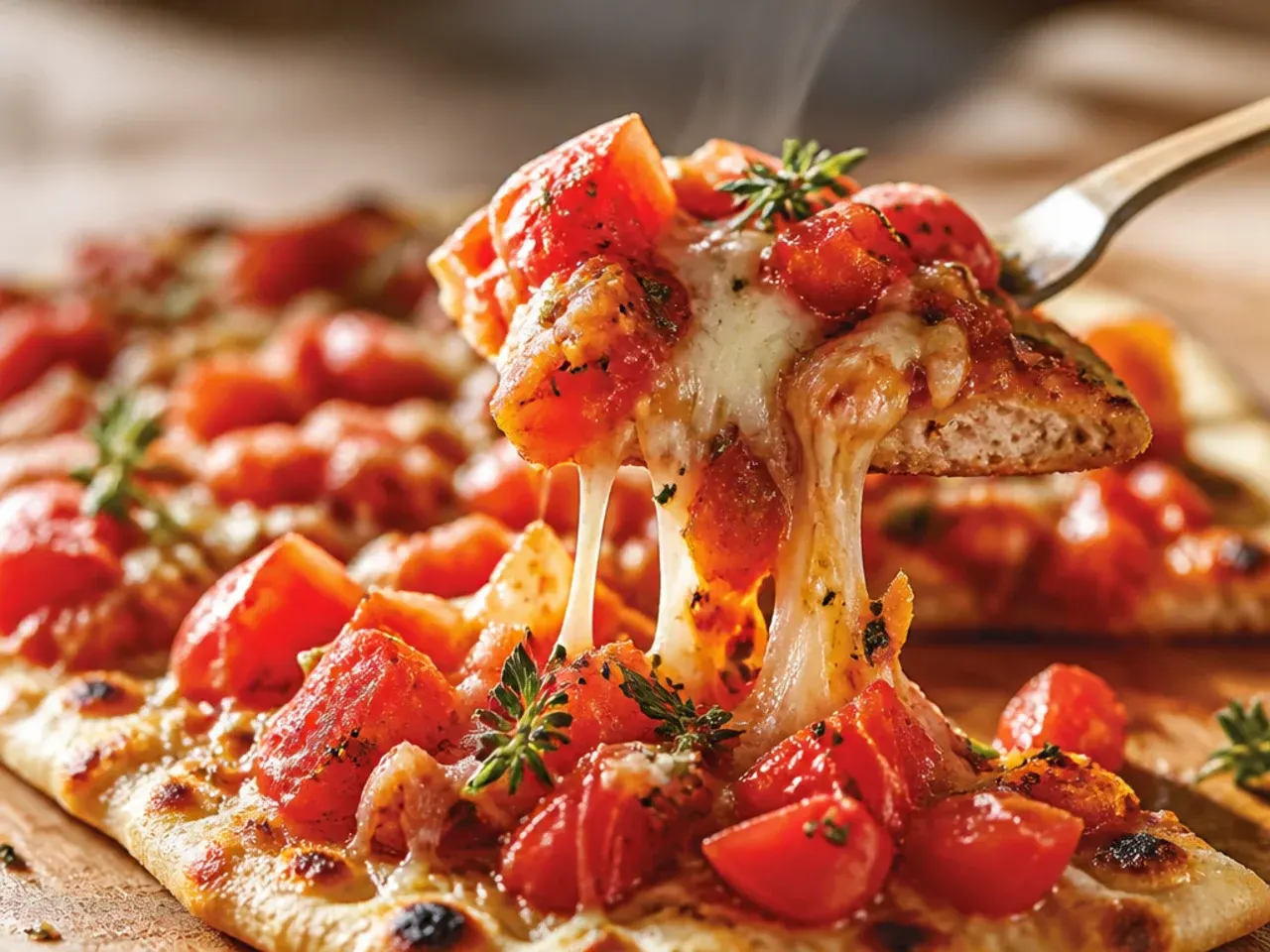 Flatbread topped with melted mozzarella and diced fresh tomatoes fresh from the oven.