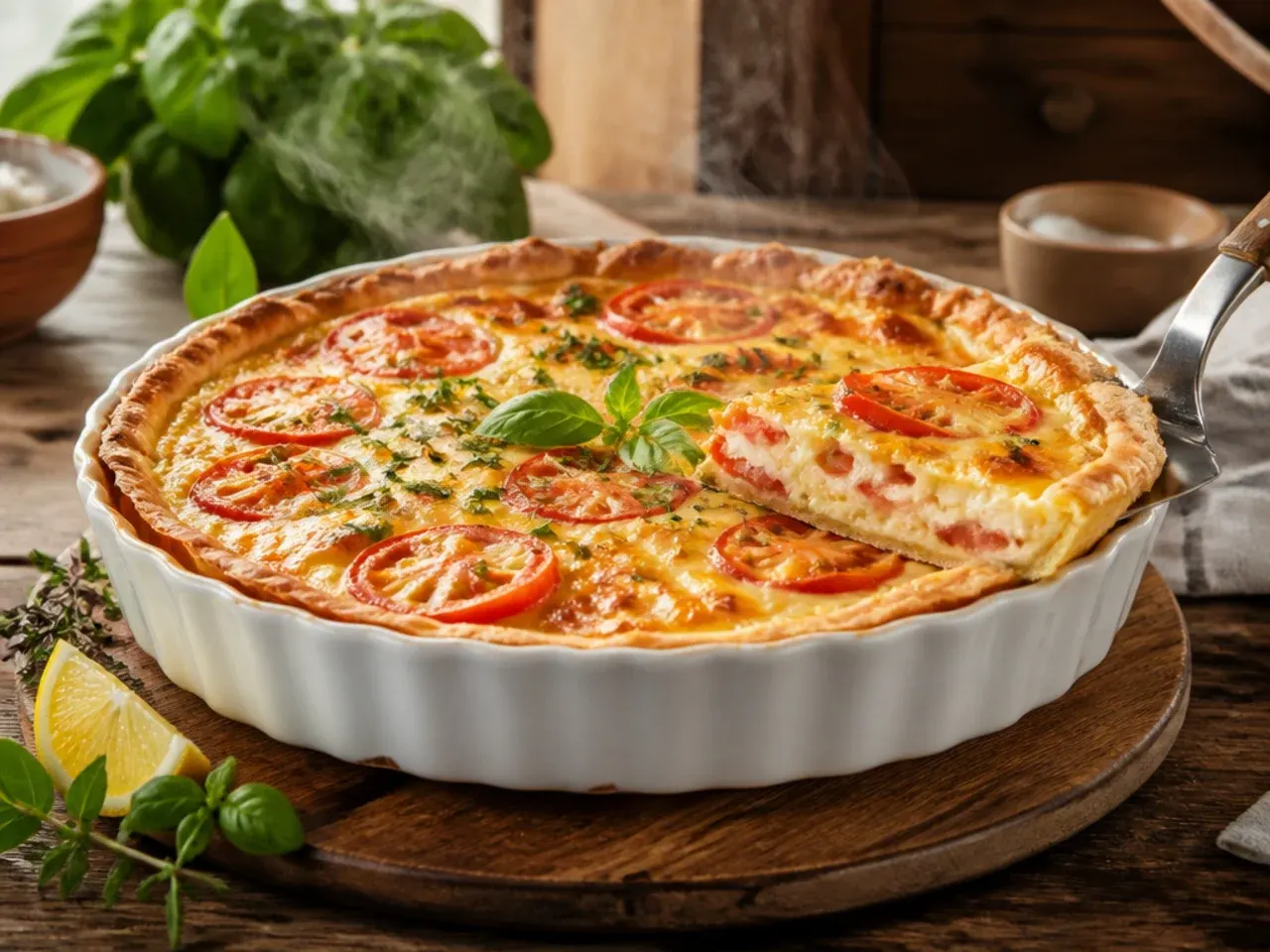 Sliced tomato and cheese quiche in a pastry case on a wire cooling rack.