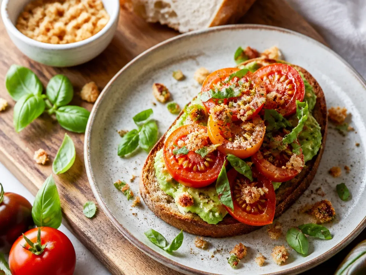 Slice of sourdough toast topped with mashed avocado and sliced tomato.