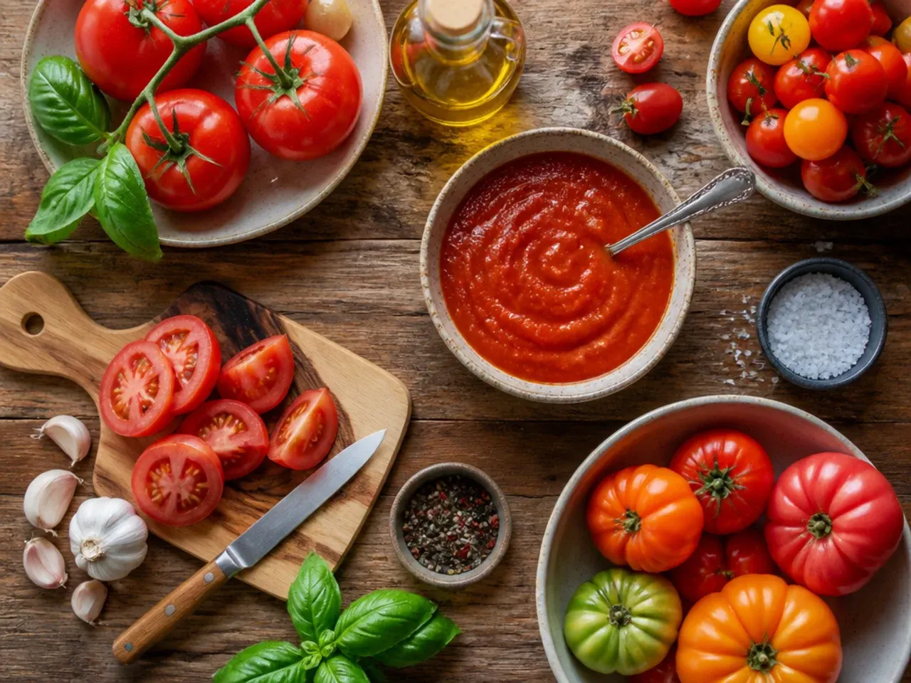 Close-up of hands seasoning sliced tomatoes with salt and olive oil.