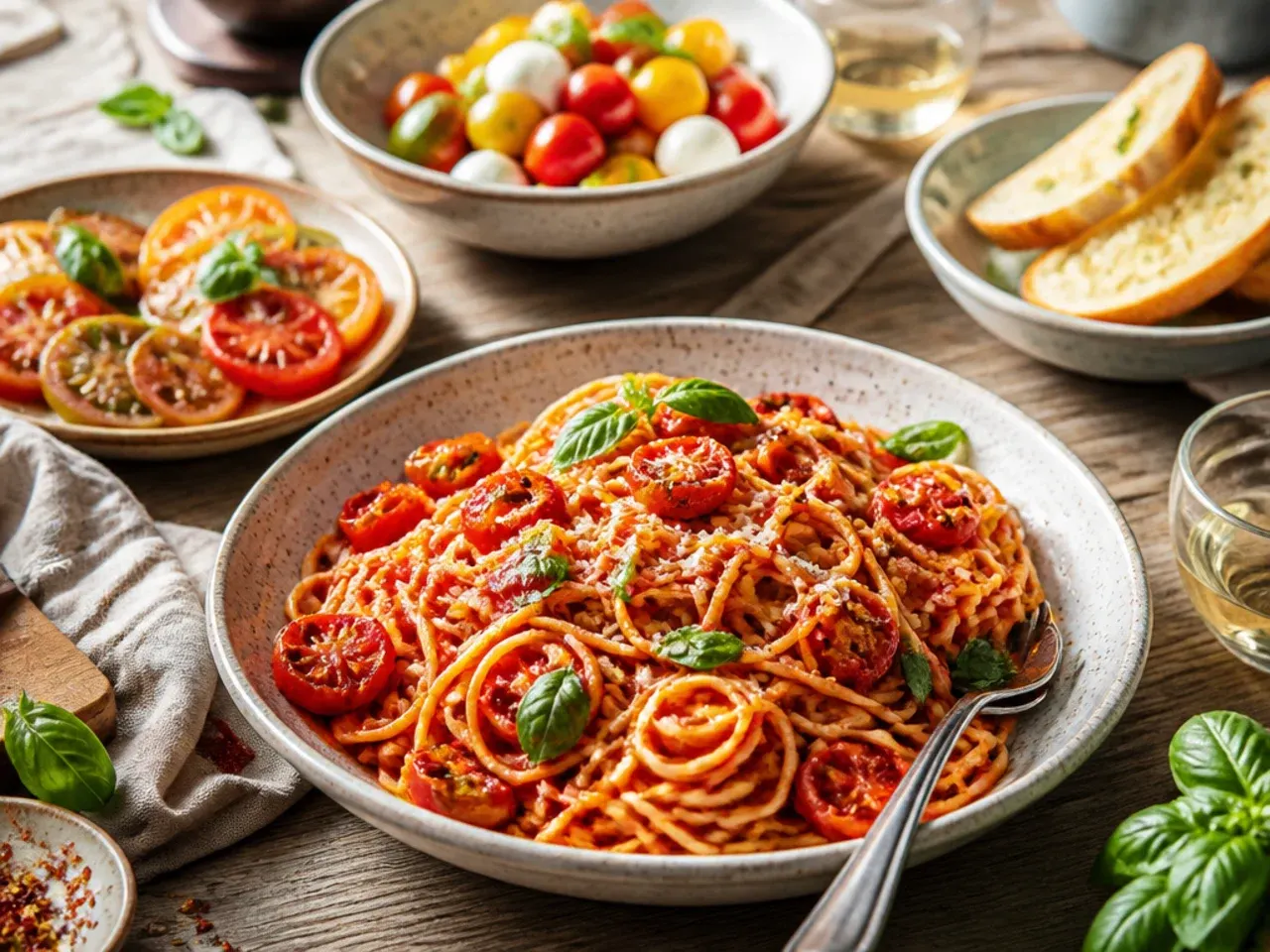 Table spread with several tomato-based dishes including pasta, bruschetta and salad.