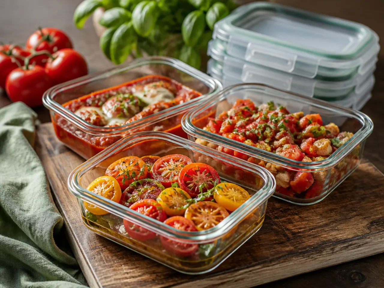 Glass containers of leftover tomato sauce and soup stored in the fridge.