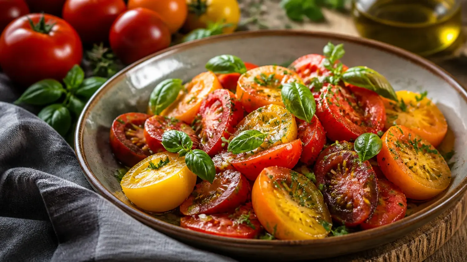 Bowl of fresh tomato salad with red onion, torn basil and crumbled feta, dressed in an olive oil vinaigrette
