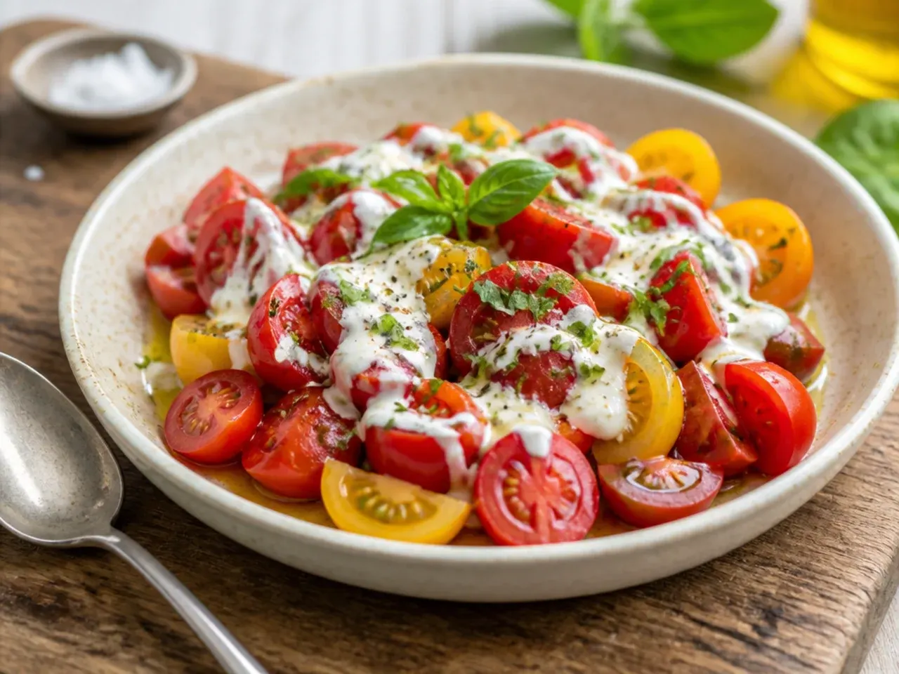 Salted tomato wedges draining in a colander over a bowl