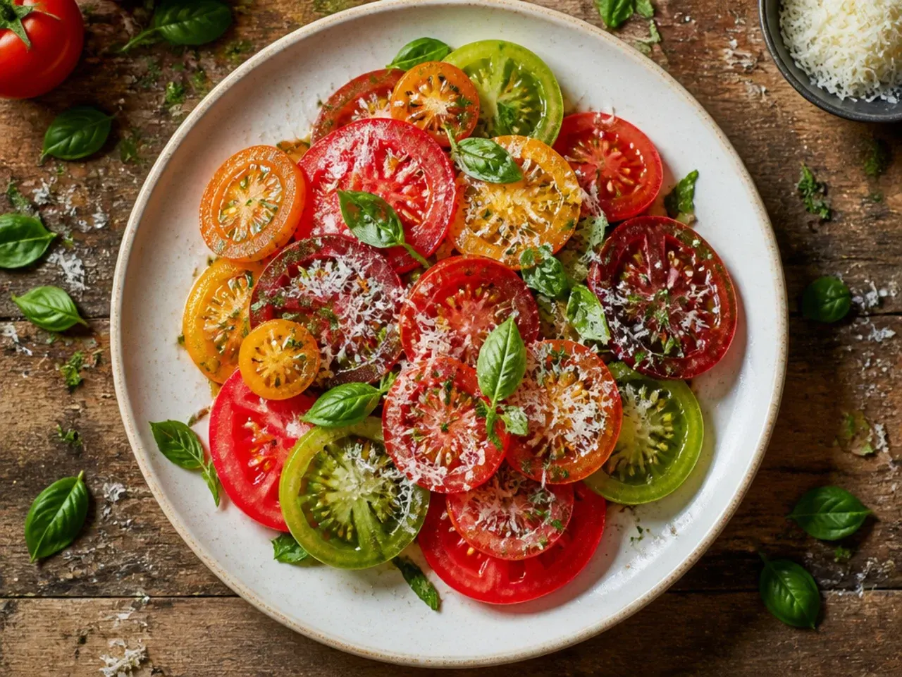 Mixed heirloom, beefsteak and cherry tomatoes on a wooden board