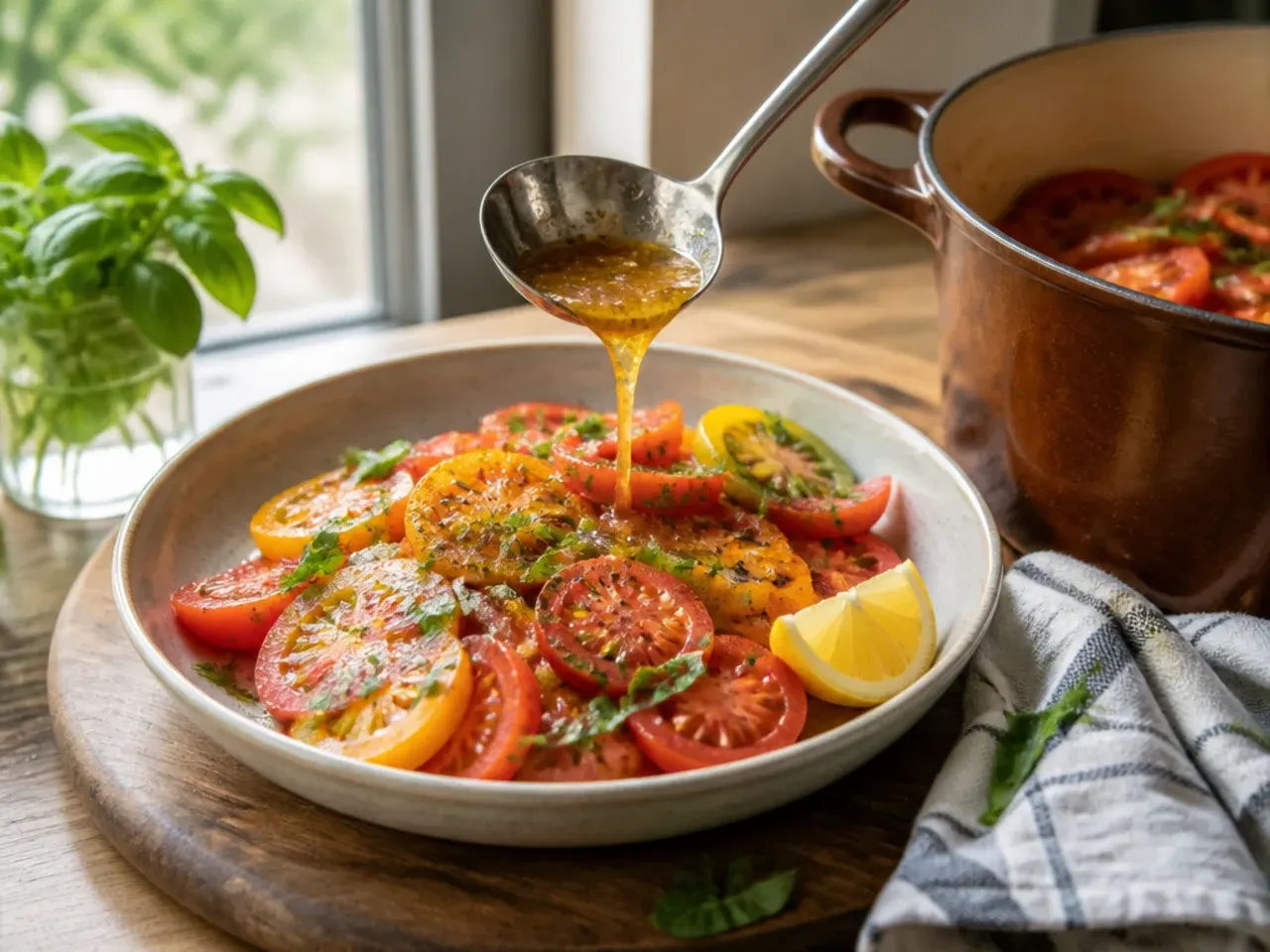 Glossy vinaigrette clinging to tomato wedges in a mixing bowl