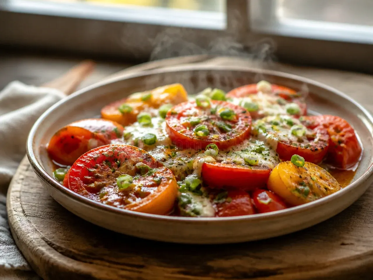 Undressed tomato salad ingredients kept separate in small bowls