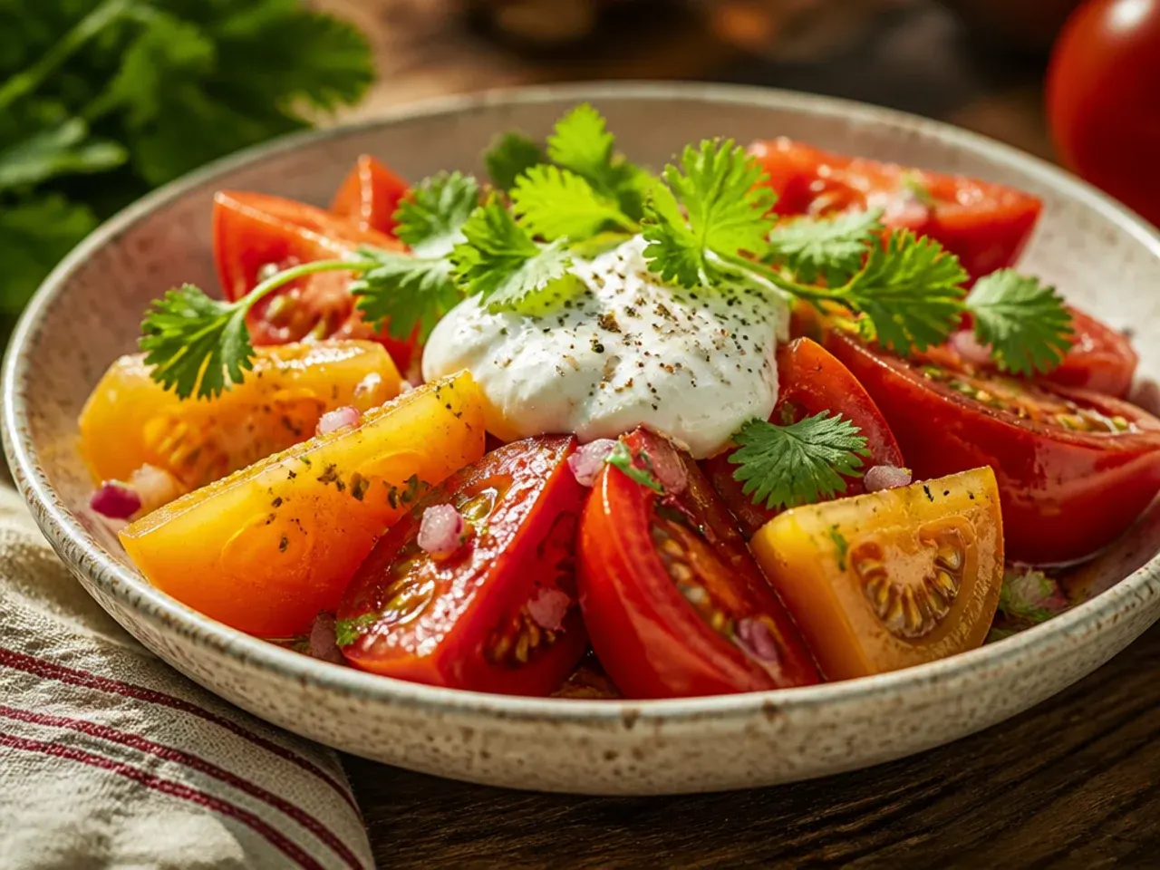 Tomato being cut into wedges with a serrated knife