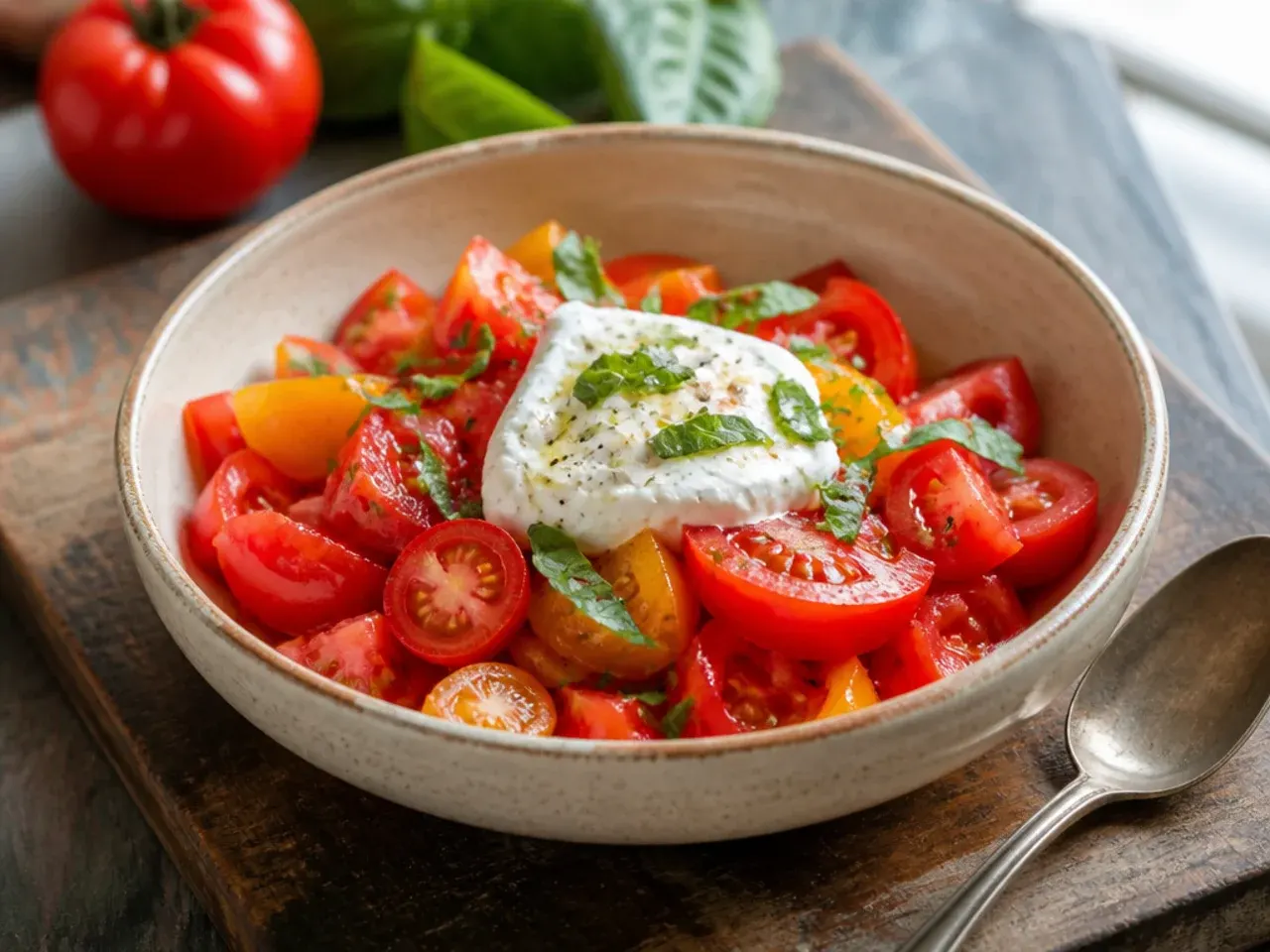 Fresh basil leaves being torn by hand over a tomato salad