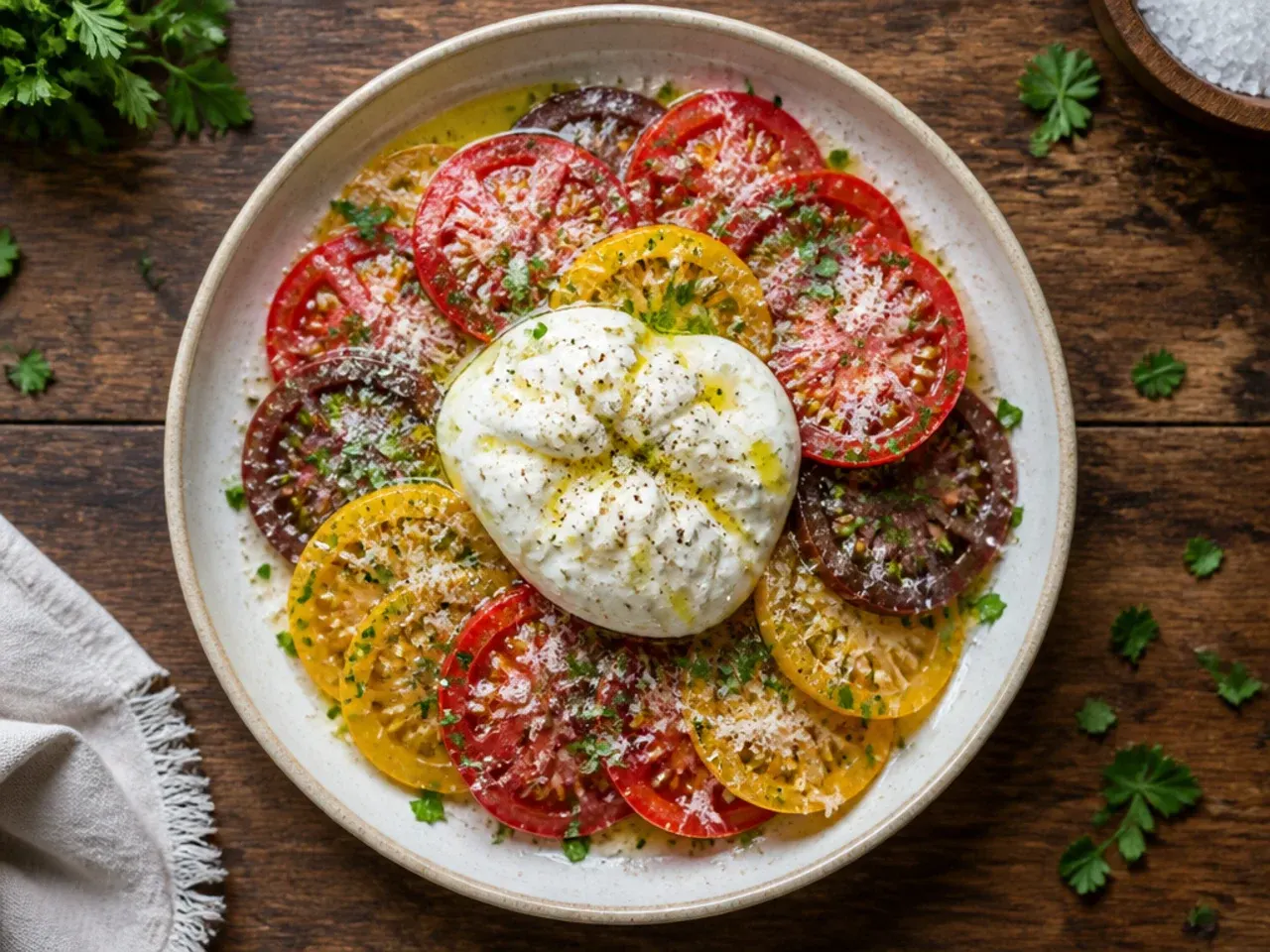 Torn burrata cheese draped over a tomato salad