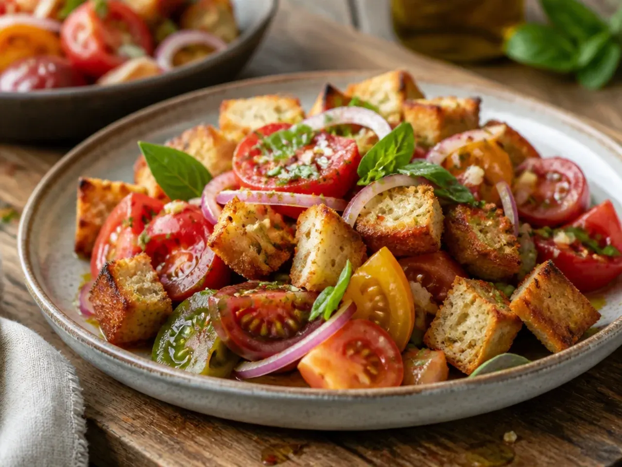 Torn stale bread chunks tossed with tomato salad panzanella-style