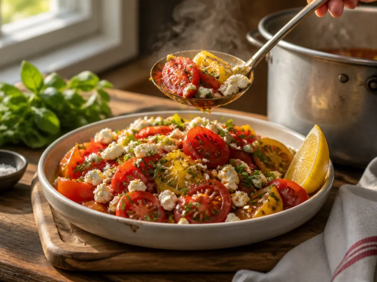Crumbled feta cheese scattered over finished tomato salad