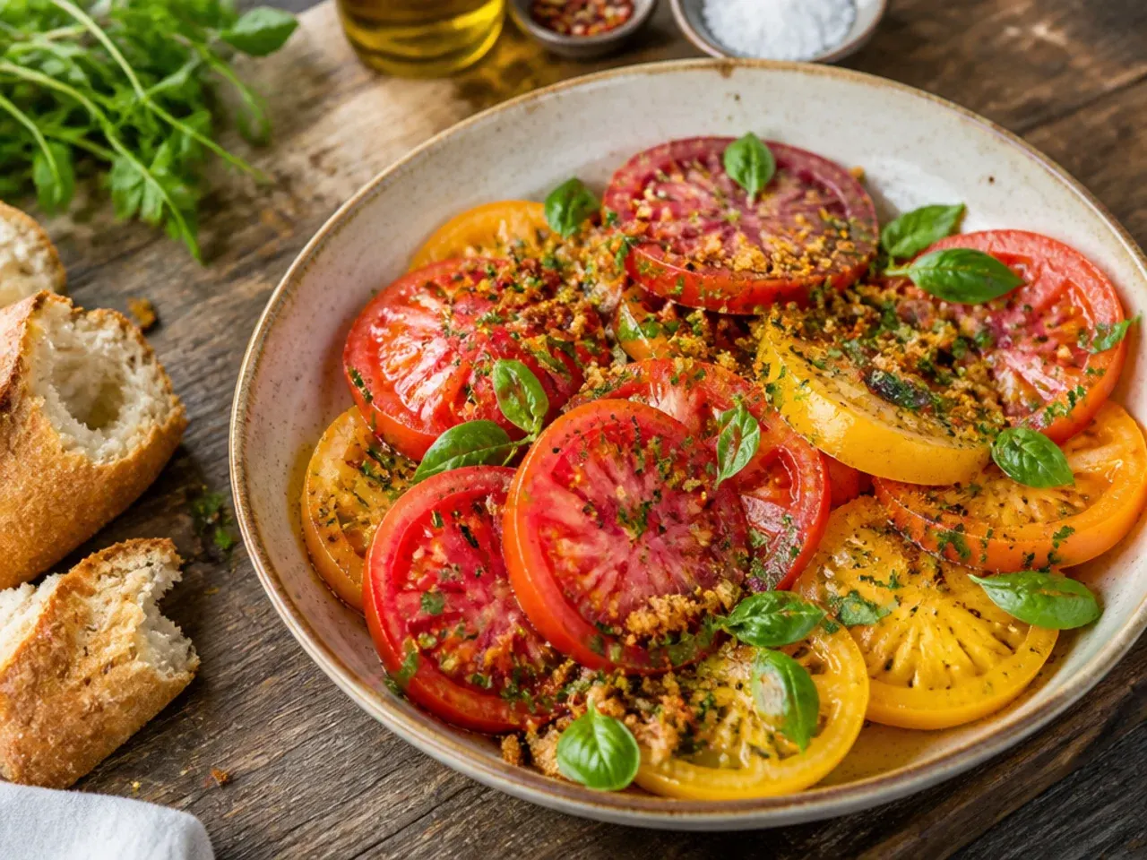 Leftover tomato salad stored in a glass airtight container in the fridge
