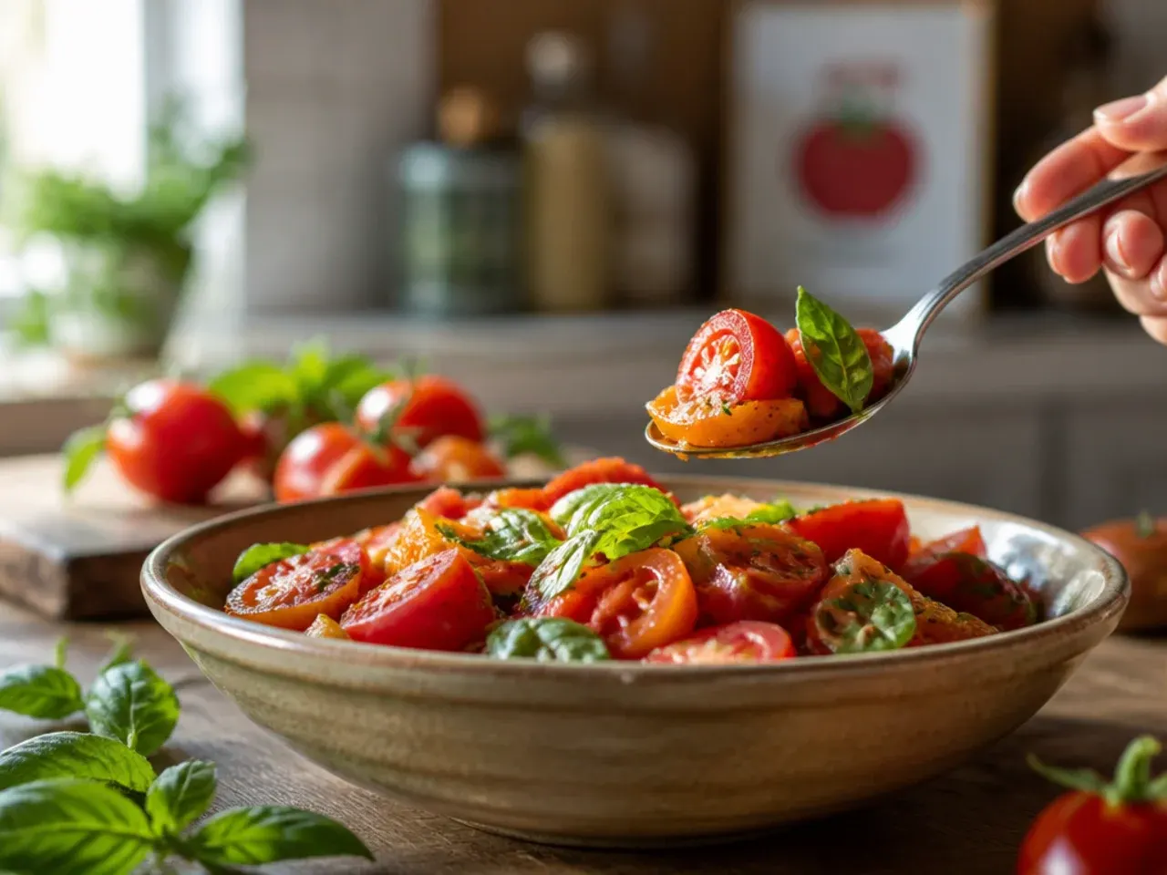Finished tomato salad served in a large bowl ready for the table
