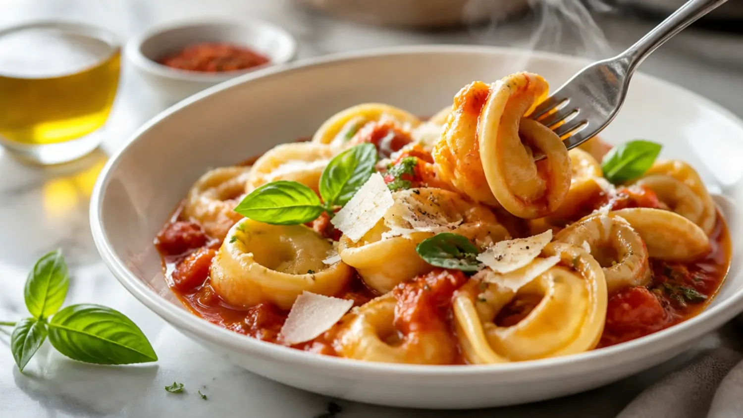 Two tortellini pasta recipes side by side, a creamy garlic parmesan skillet and a classic sausage tortellini soup, on a wooden table
