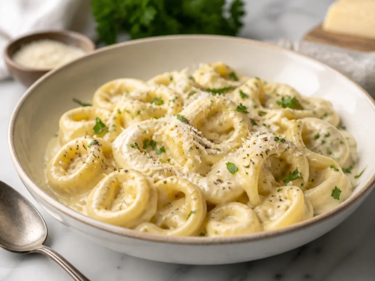 Creamy garlic Parmesan tortellini skillet with sausage and spinach in a cast iron pan