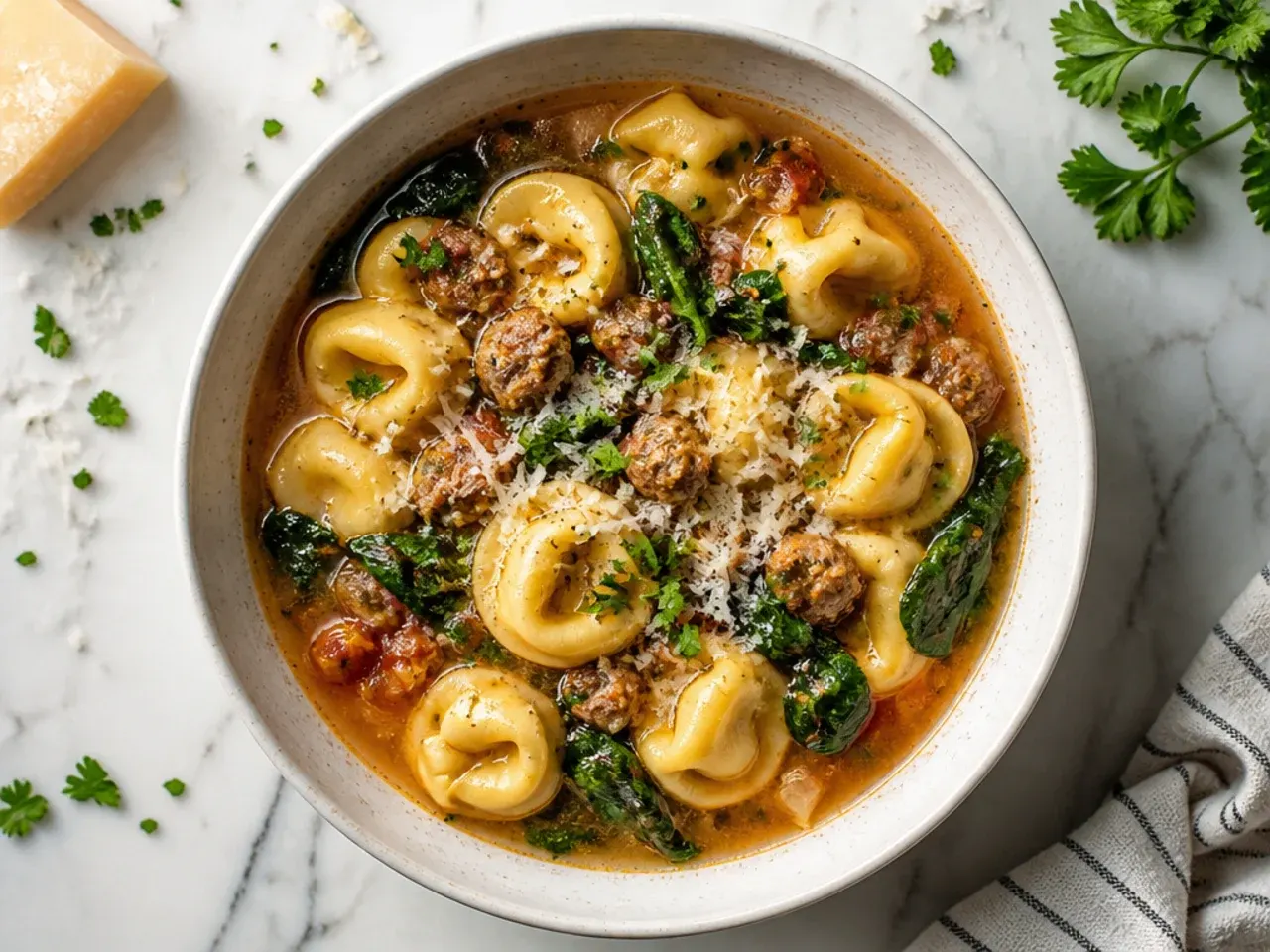 Classic sausage and spinach tortellini soup in a white bowl topped with grated Parmesan