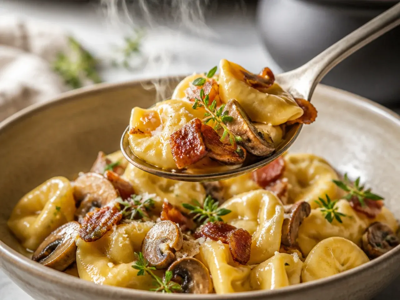 Close-up comparison of thick creamy tortellini sauce next to brothy tortellini soup