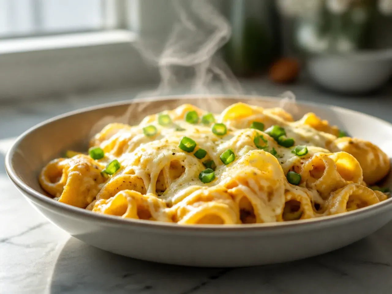 Two finished tortellini dishes plated together, a creamy skillet and a bowl of soup side by side