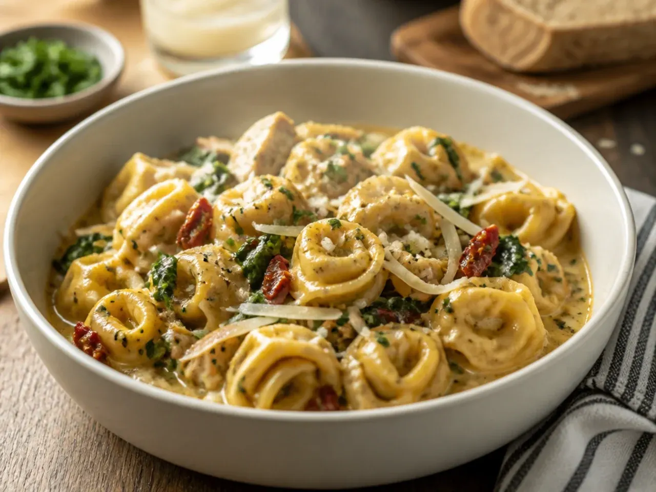 An overhead shot of several tortellini dishes, including a creamy skillet, a bowl of soup, and a baked dish, arranged on a wooden table.