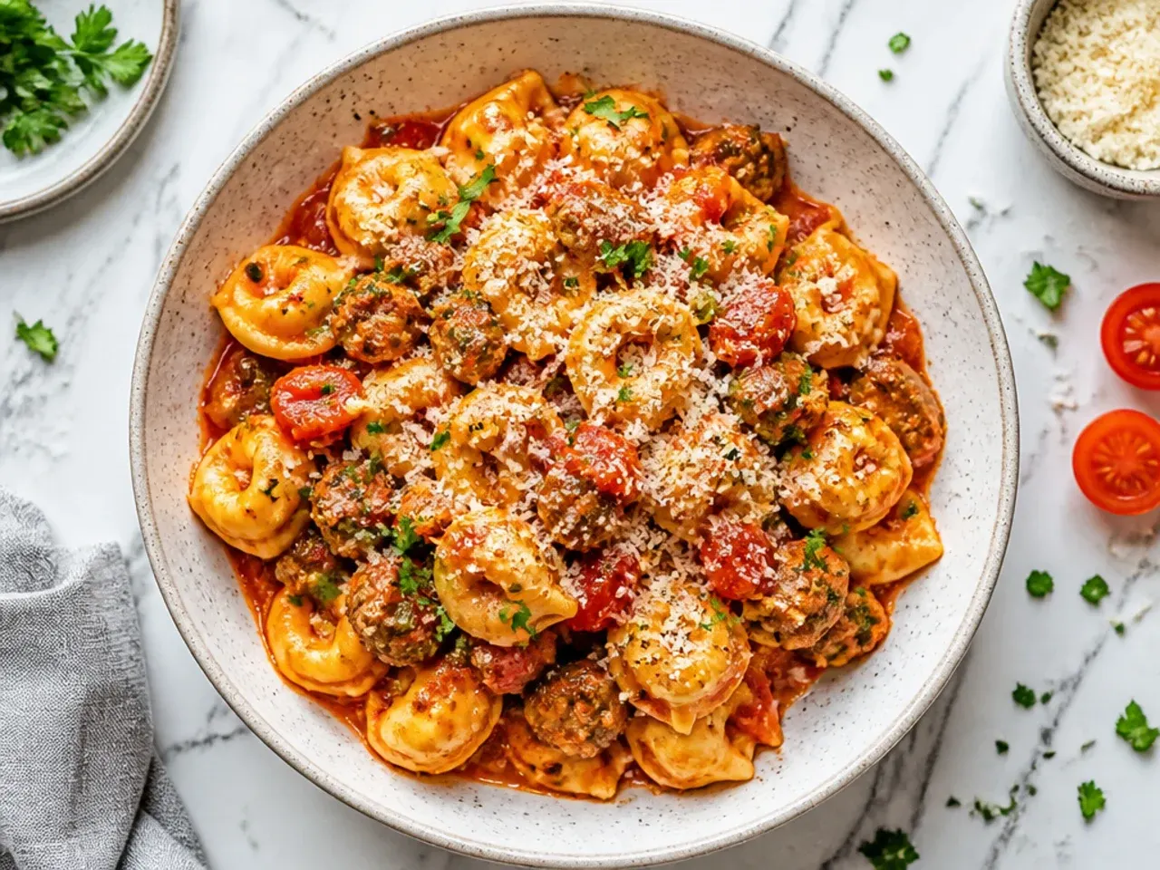 A skillet of cheese tortellini in a chunky tomato and sausage sauce, garnished with fresh basil.