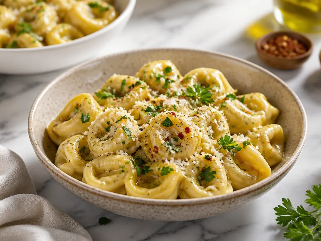 A close-up of tortellini coated in a creamy garlic Parmesan sauce in a white skillet.
