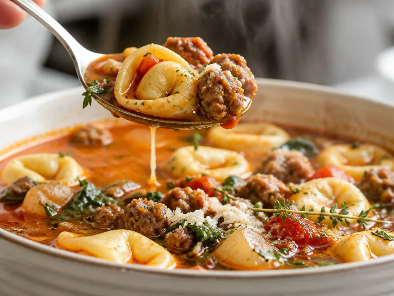 A bowl of sausage tortellini soup with visible tomatoes, spinach, and tortellini in a rich broth.