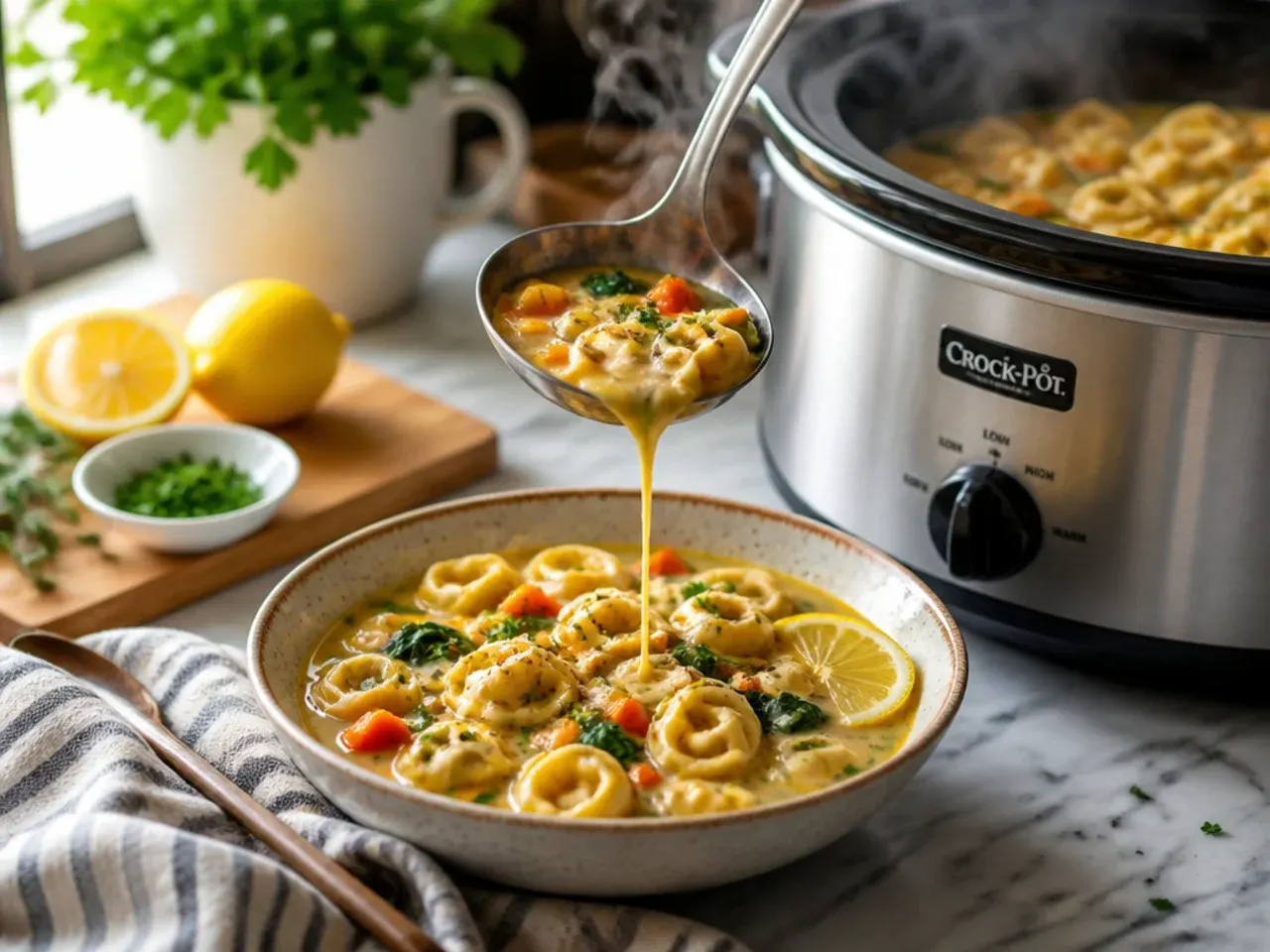 A slow cooker filled with tortellini soup, sausage, and vegetables, with a ladle resting on the side.