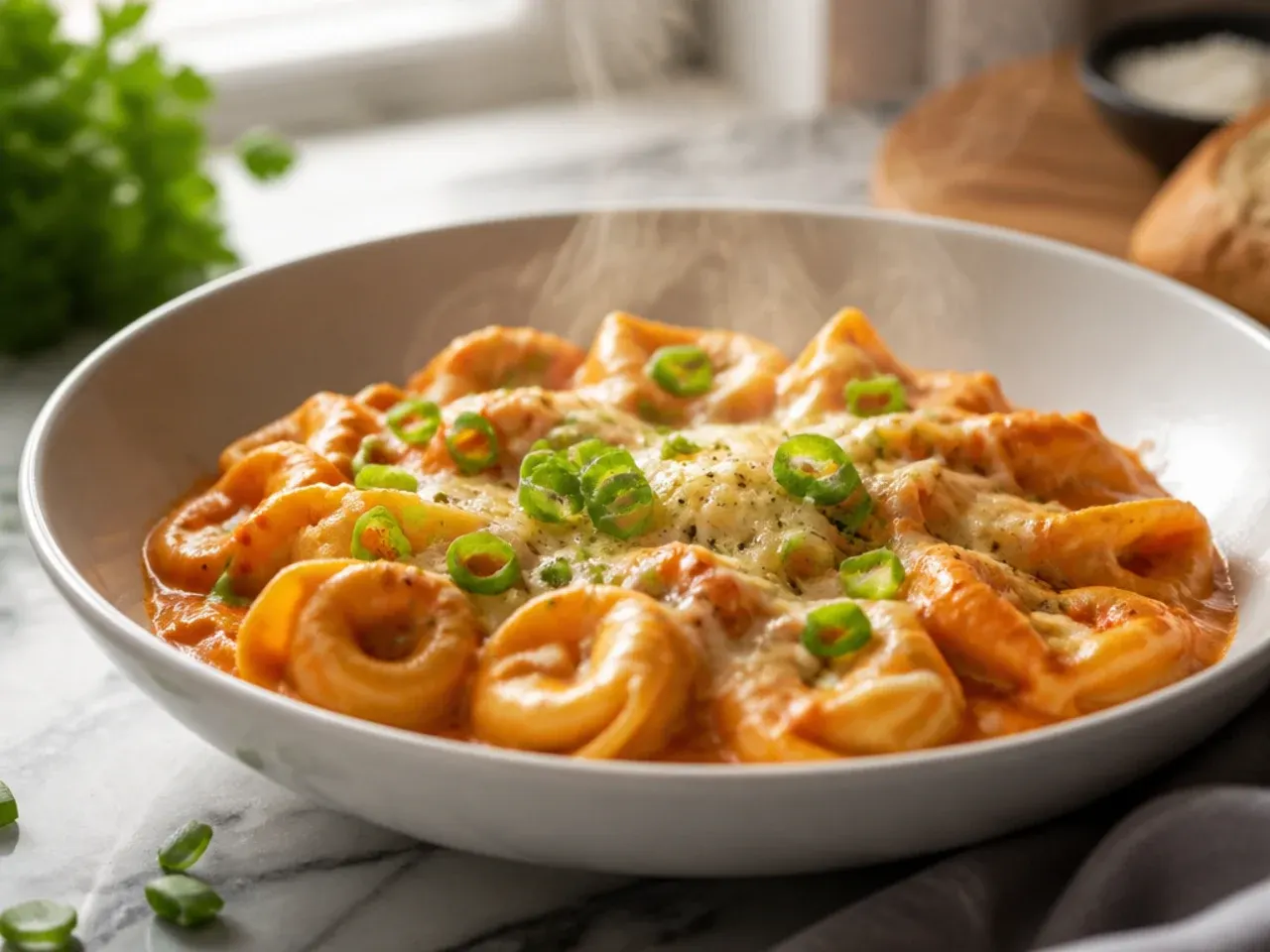 Tortellini tossed in a rosy creamy tomato sauce in a shallow serving bowl.