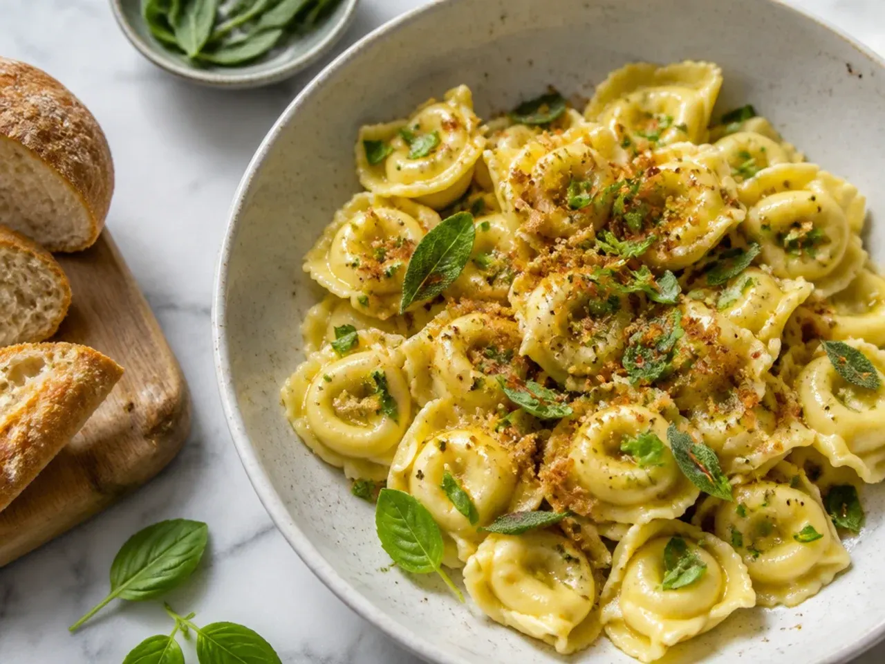 Tortellini glazed in brown butter with crisp sage leaves and shaved Parmesan on top.