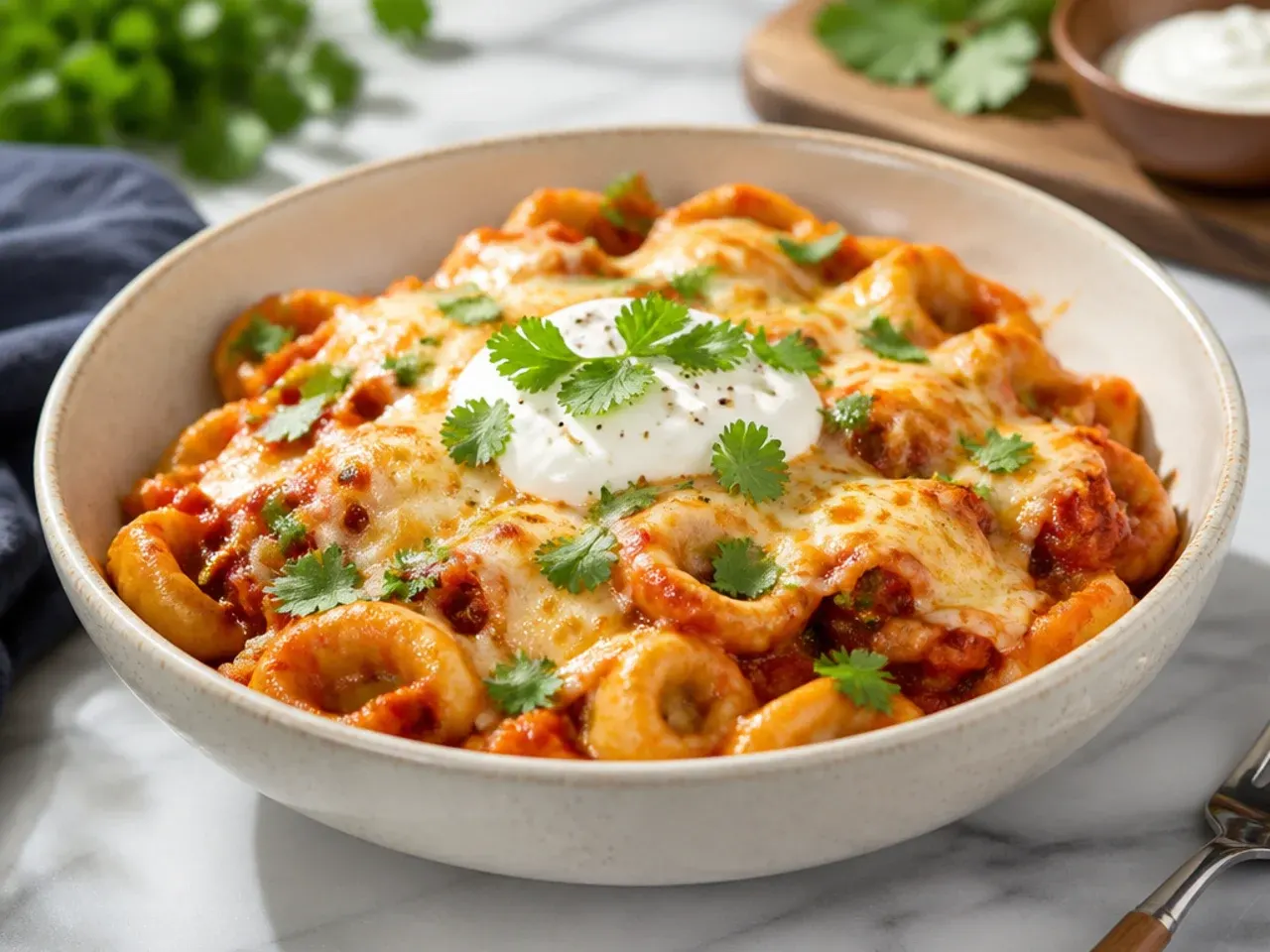 A baking dish of tortellini bake with bubbling melted mozzarella and golden breadcrumbs.