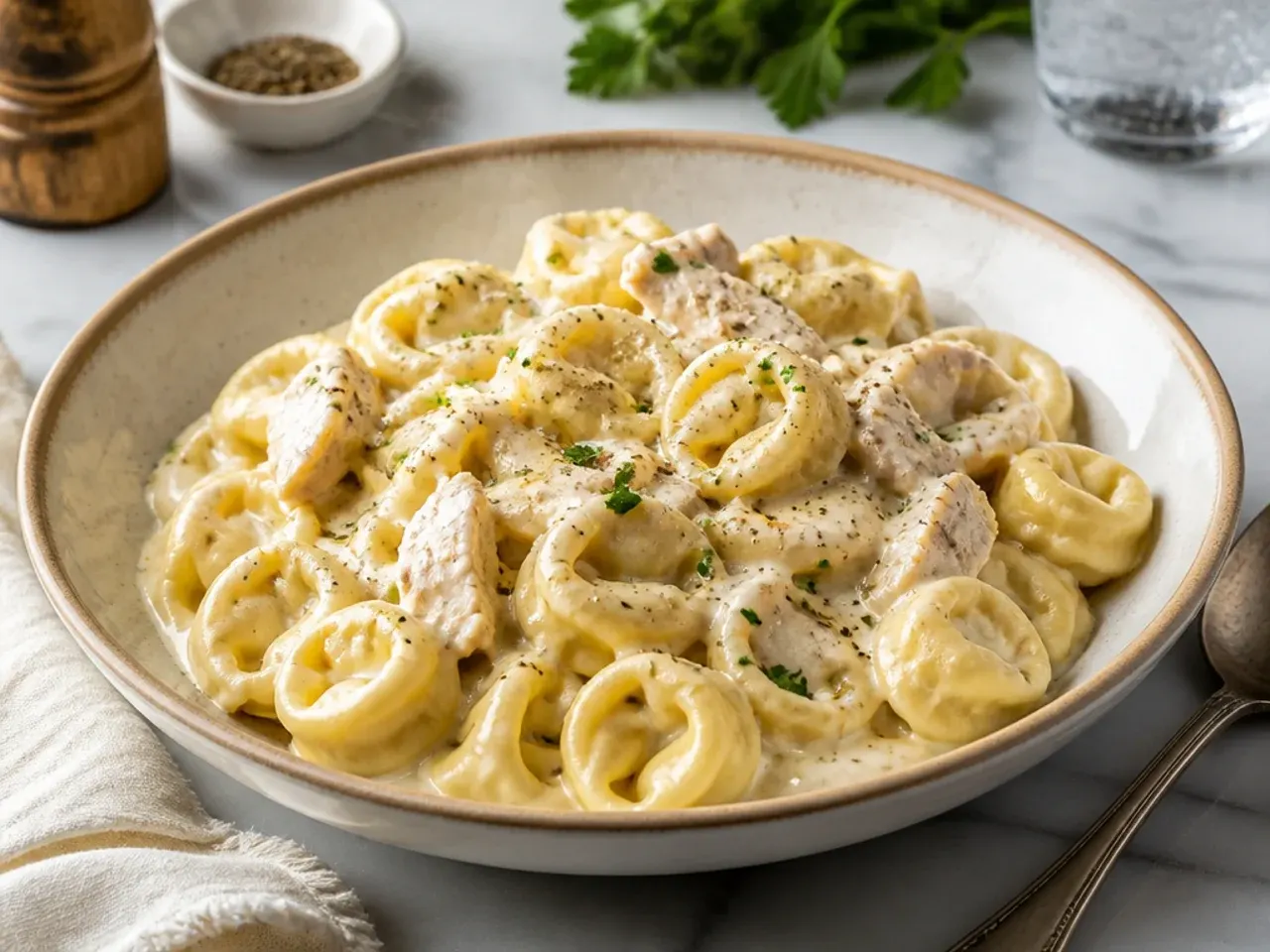 A plate of tortellini Alfredo with diced chicken and steamed broccoli in a creamy sauce.