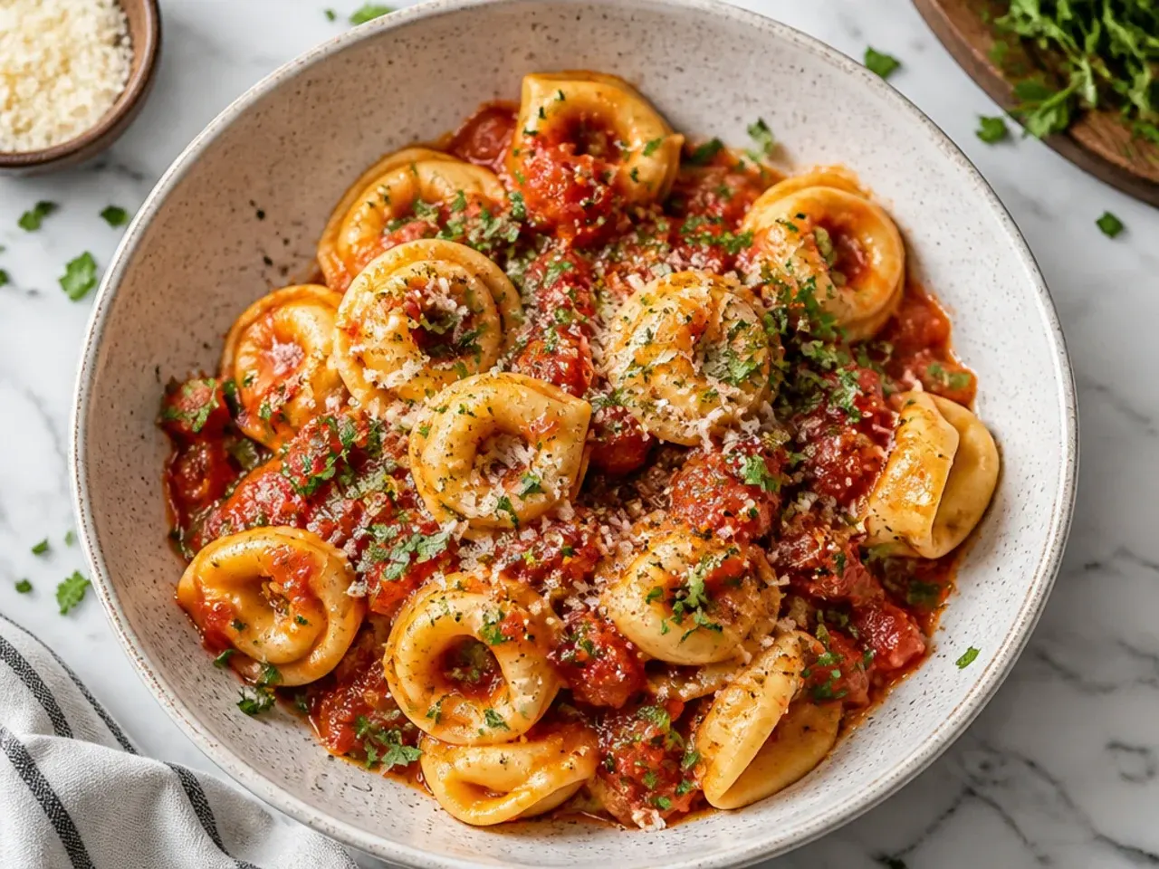 A simple pot of tortellini in tomato sauce made with pantry staples like tinned tomatoes and garlic.