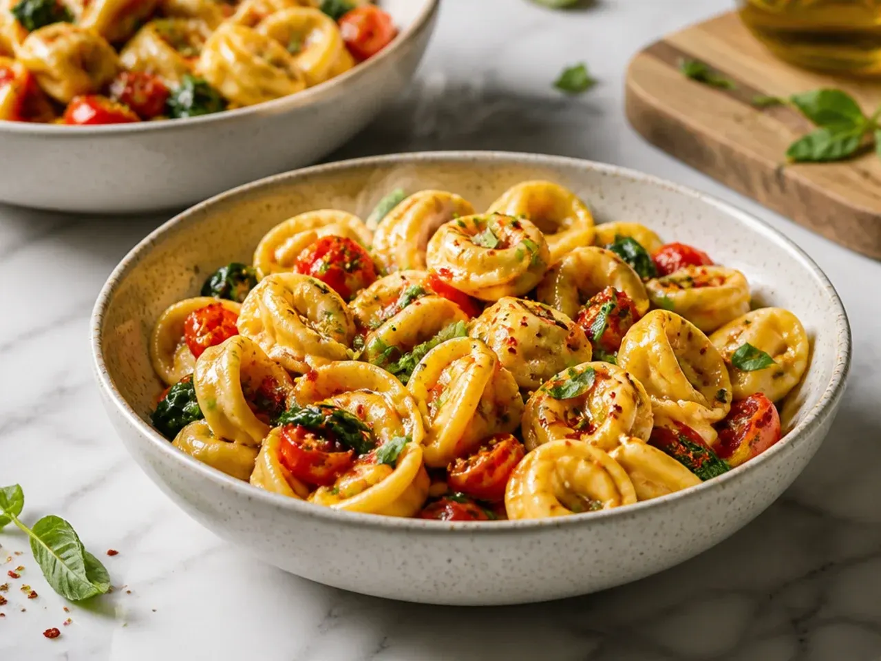 A single skillet of tortellini with cherry tomatoes and spinach, ready to serve straight from the pan.