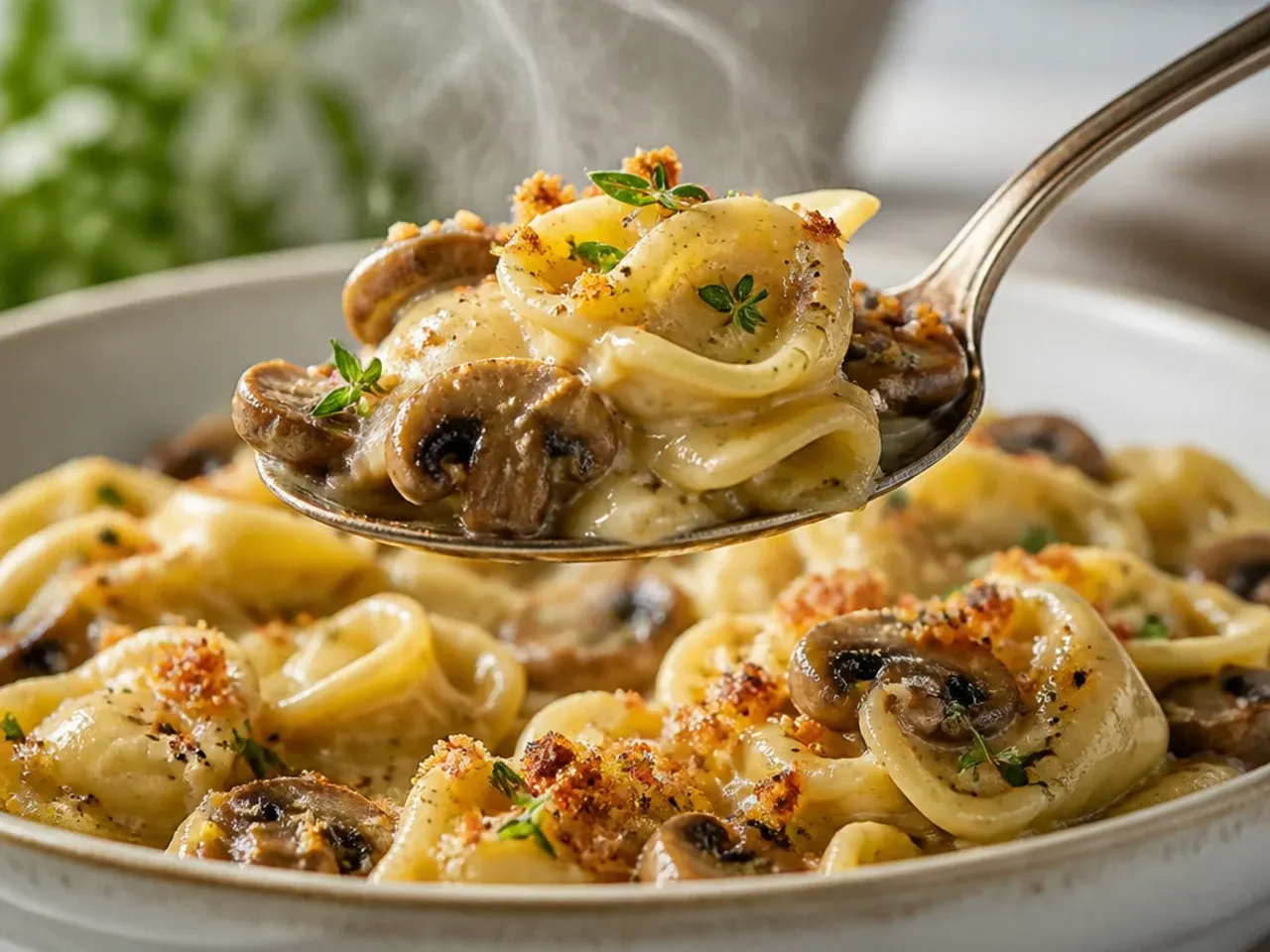 Tortellini tossed with golden sautéed mushrooms and fresh thyme sprigs in a rustic pan.